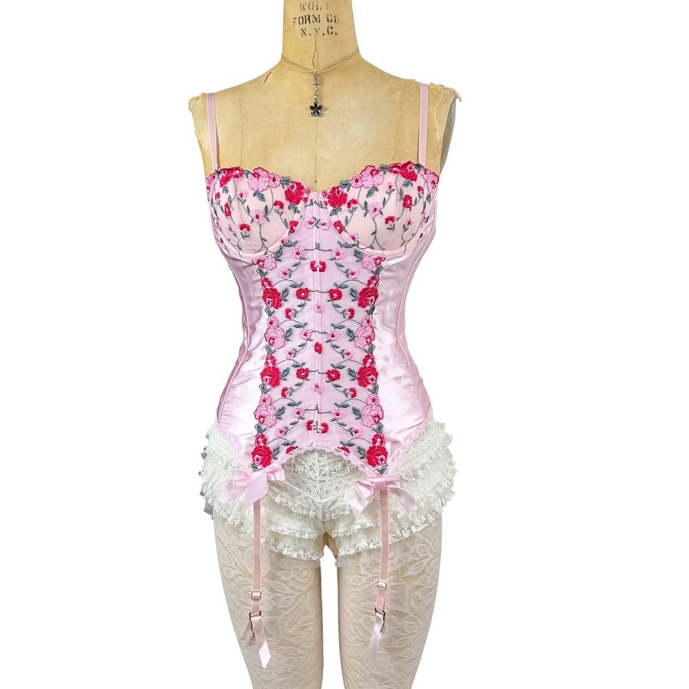 Vintage Fredricks Pink Satin Corset Rose Embroidered Dainty Romantic 90s Small